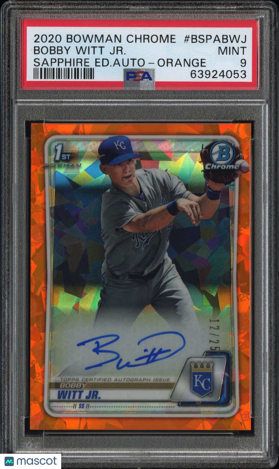 2020 Bowman Chrome Sapphire Edition  Bobby Witt JR. #BSPABWJ  Auto Orange PSA 9