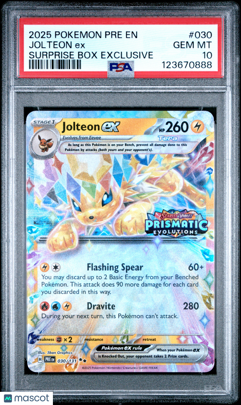 2025 Pokemon Prismatic Evolutions Jolteon EX #030 Surprise Box Exclusive PSA 10