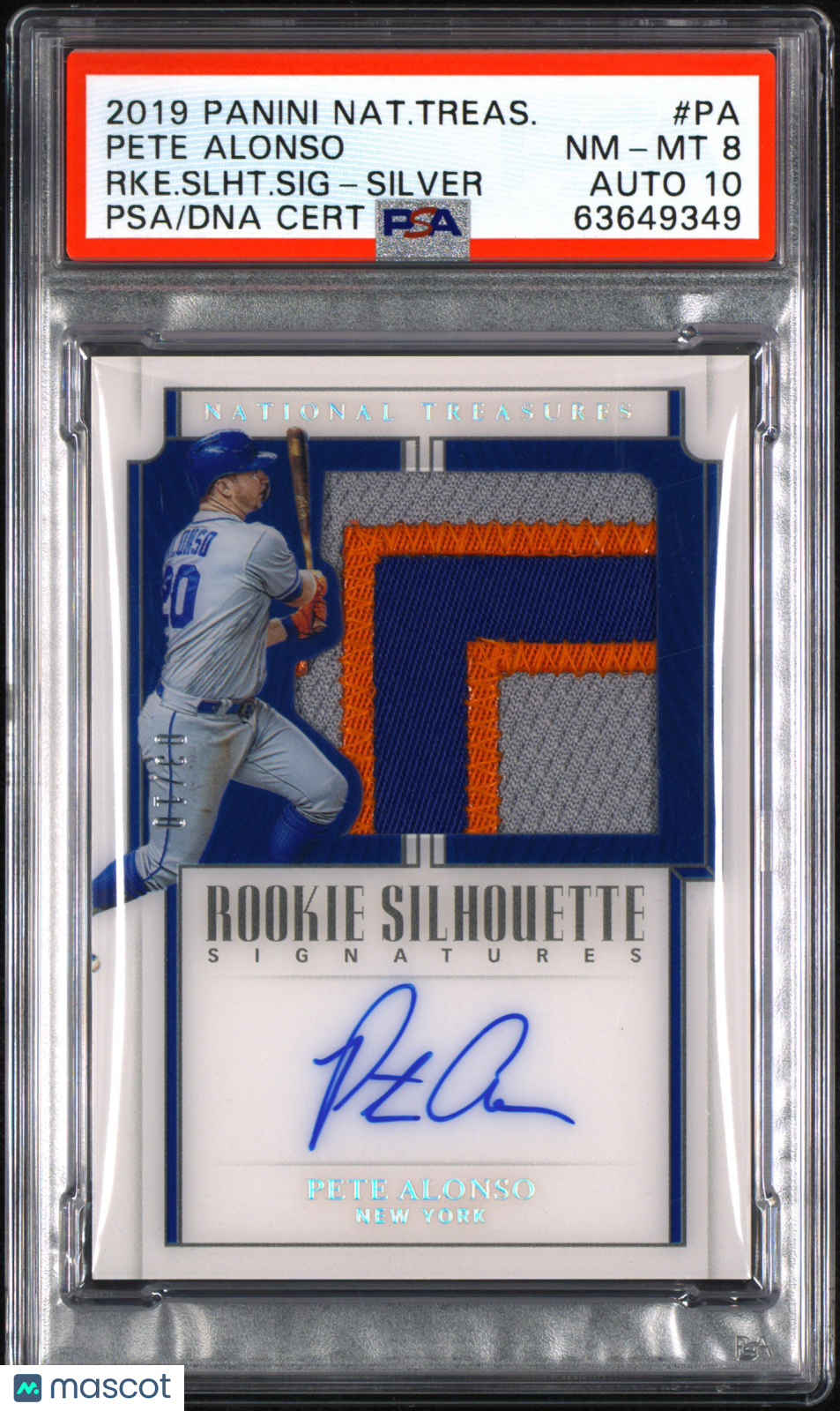 2019 National Treasures Pete Alonso #RSS-PA Rookie Patch Auto Silver /10 PSA 8 RPA