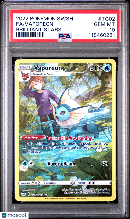2022 Pokemon Sword & Shield Brilliant Stars Vaporeon #TG02 PSA 10