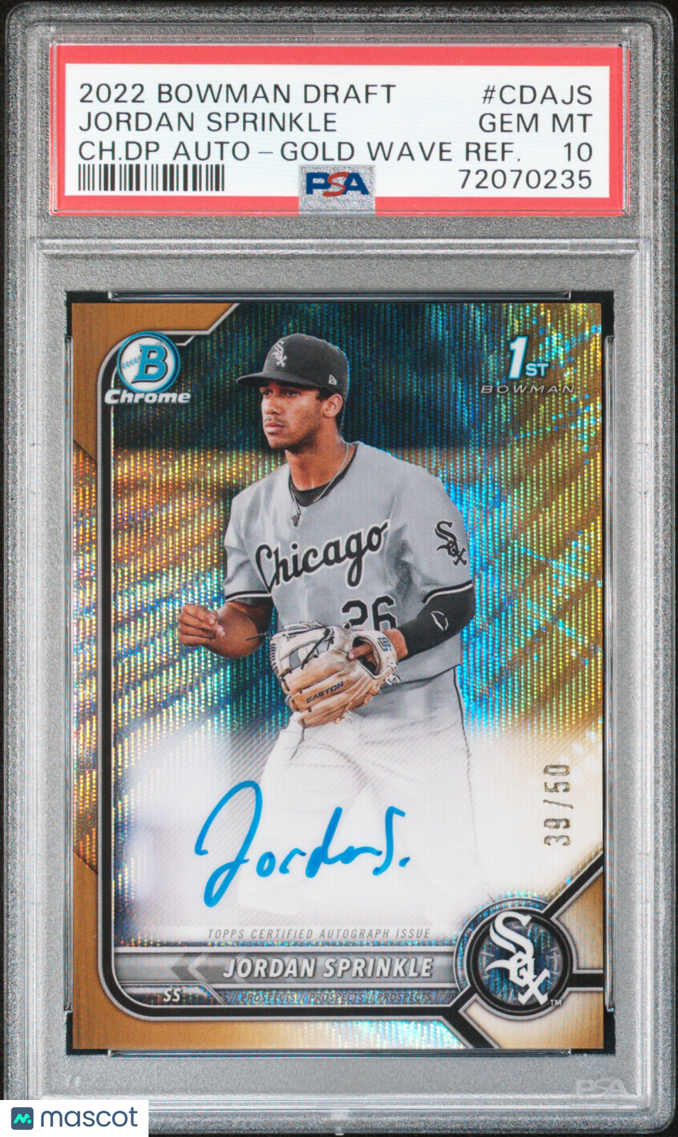 2022 Bowman Chrome Draft Pick Auto Jordan Sprinkle Gold Wave Refractor /50 PSA 10