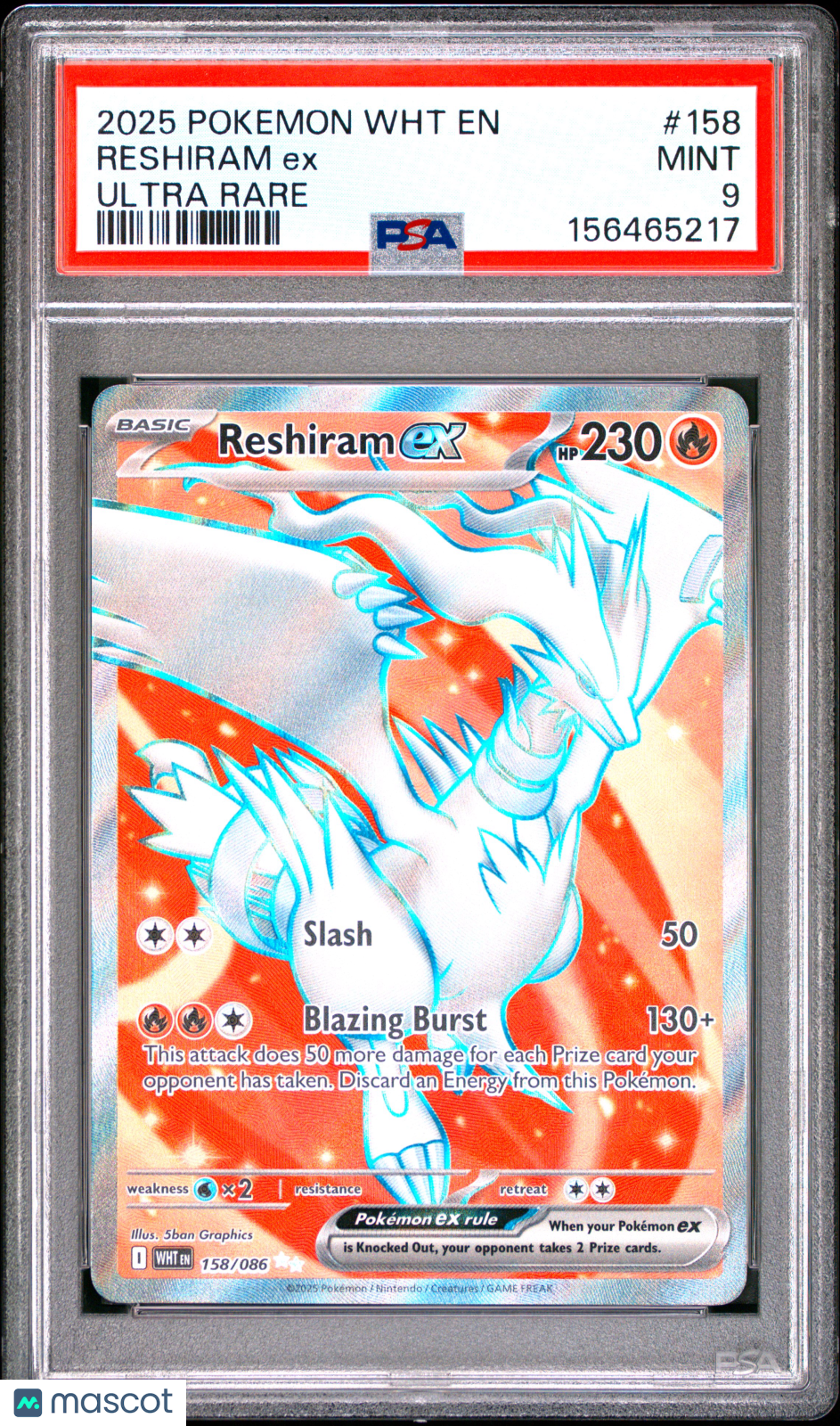 2025 Pokemon WHT EN-White Flare Reshiram EX #158 Ultra Rare PSA 9