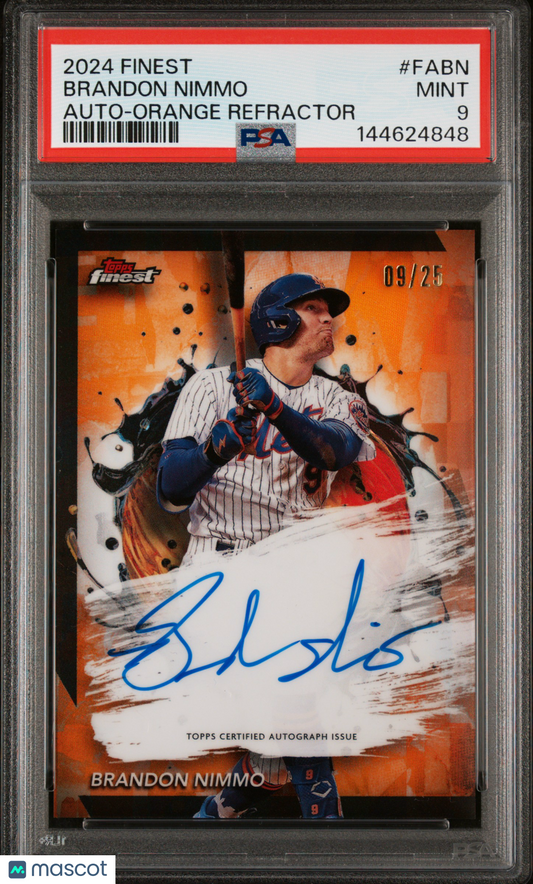 2024 Topps Finest Finest Autographs Brandon Nimmo #FABN Orange Refractor 09/25 PSA 9