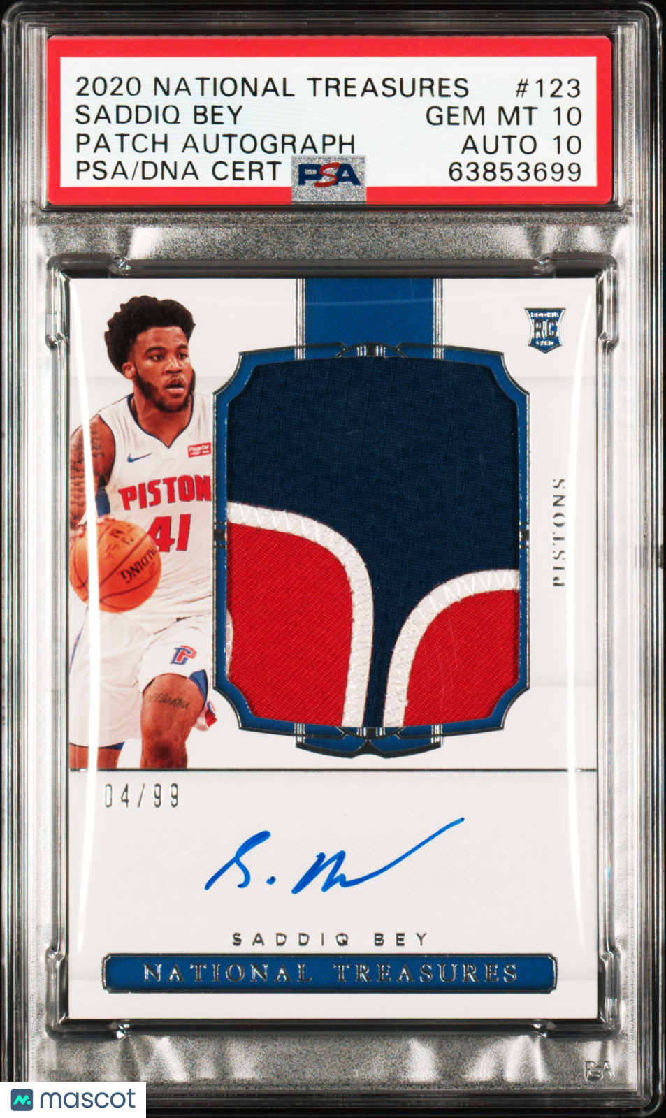 2020 Panini National Treasures Saddiq Bey #123 Patch Autograph PSA 10 Auto 10