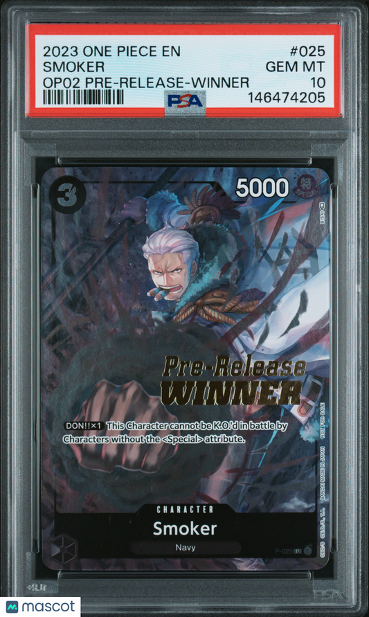 2023 One Piece Promos Smoker #025 Op02 Pre-Release-Winner PSA 10