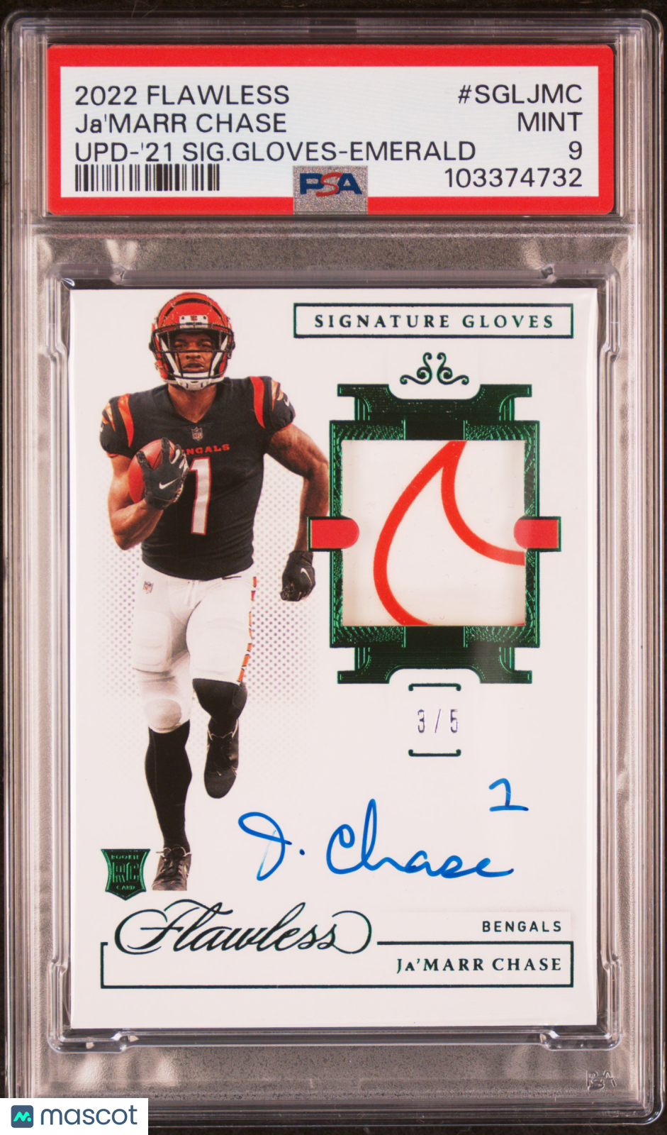 2022 Panini Flawless Update Ja'marr Chase #SGLJMC '21 SIG. Gloves Emerald PSA 9