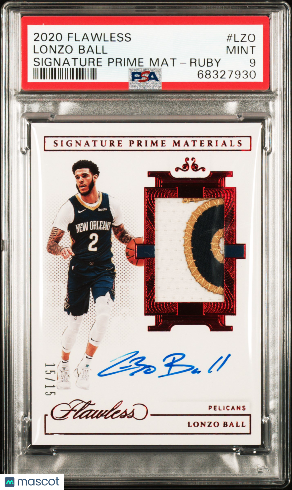 2020 Panini Flawless Lonzo Ball #LZO Signature Prime Materials Ruby /15 PSA 9