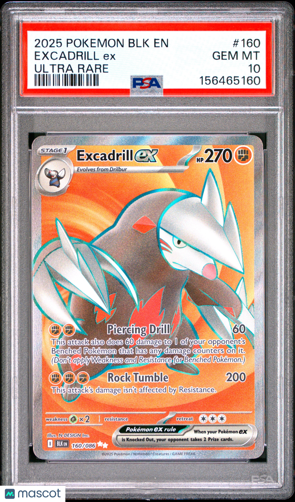 2025 Pokemon BLK EN-Black Bolt Excadrill EX #160 Ultra Rare PSA 10