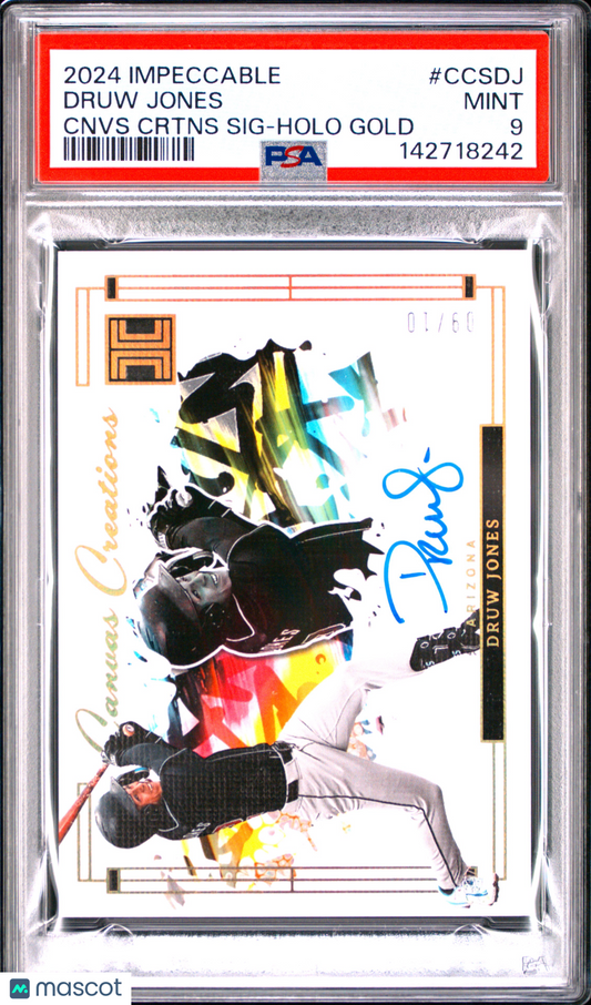 2024 Panini Impeccable Canvas Creations Signatures Druw Jones #CCSDJ Cnvs Crtns Holo Gold /60 PSA 9