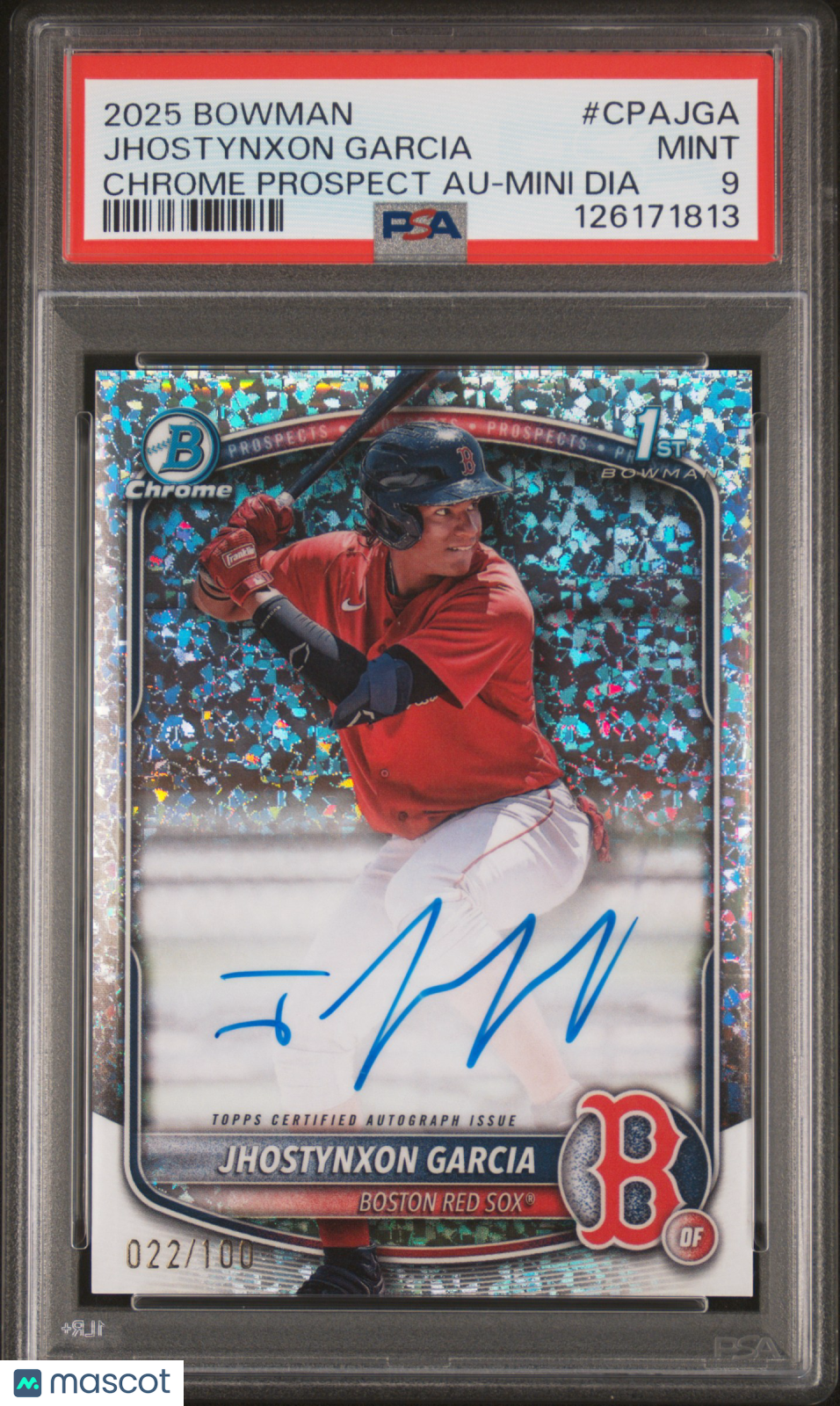 2025 Bowman Chrome Prospect Autographs Jhostynxon Garcia #CPAJGA Mini Dia /100 PSA 9