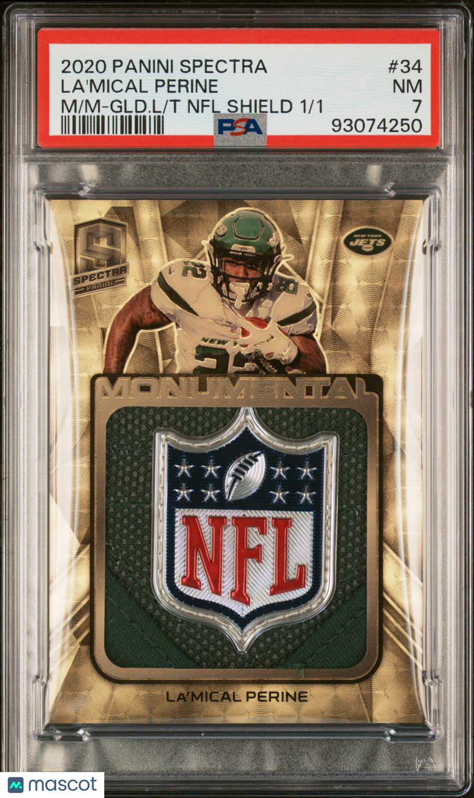 2020 Spectra La'mical Perine #34 Monumental Memorabilia Gold NFL Shield PSA 7
