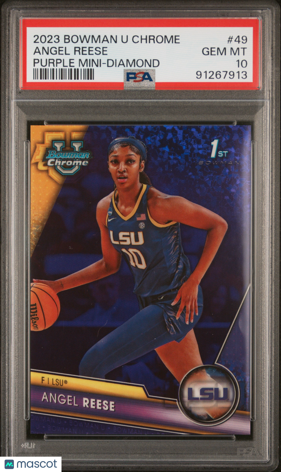 2023 Bowman University Chrome Angel Reese #49 Purple Mini Diamond 258/399 PSA 10