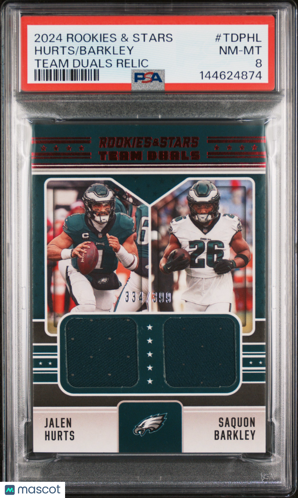 2024 Panini Rookies & Stars Team Duals Relics Hurts Barkley #TDPHL PSA 8