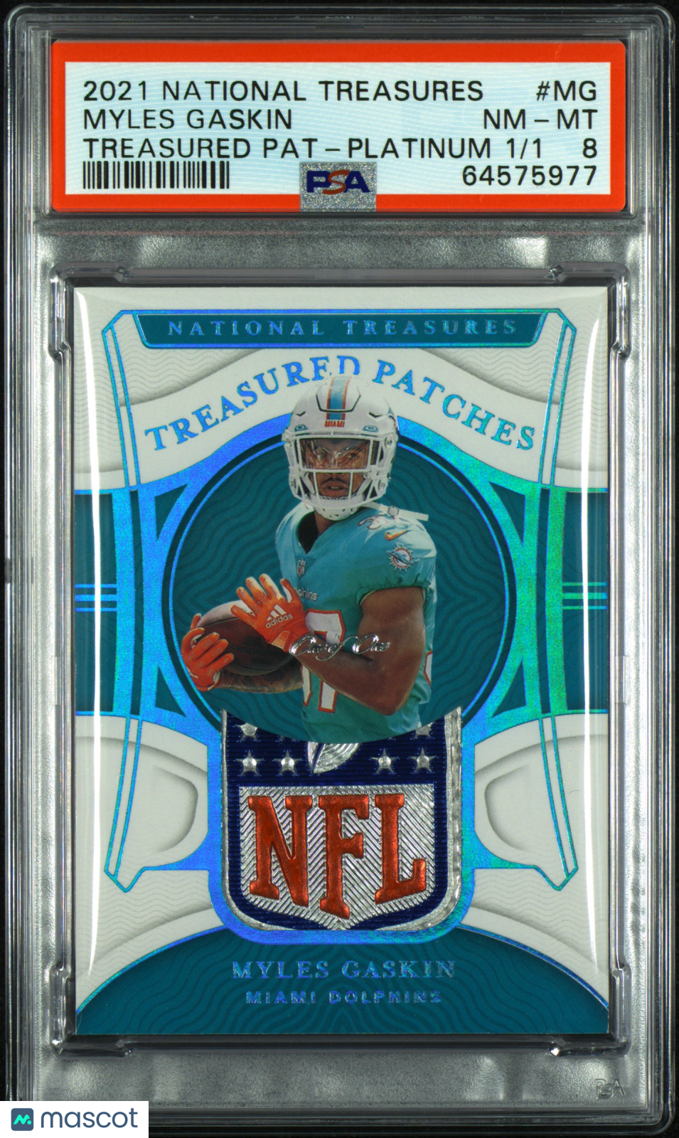 2021 Panini National Treasures Treasured Patches Myles Gaskin #MG Platinum PSA 8