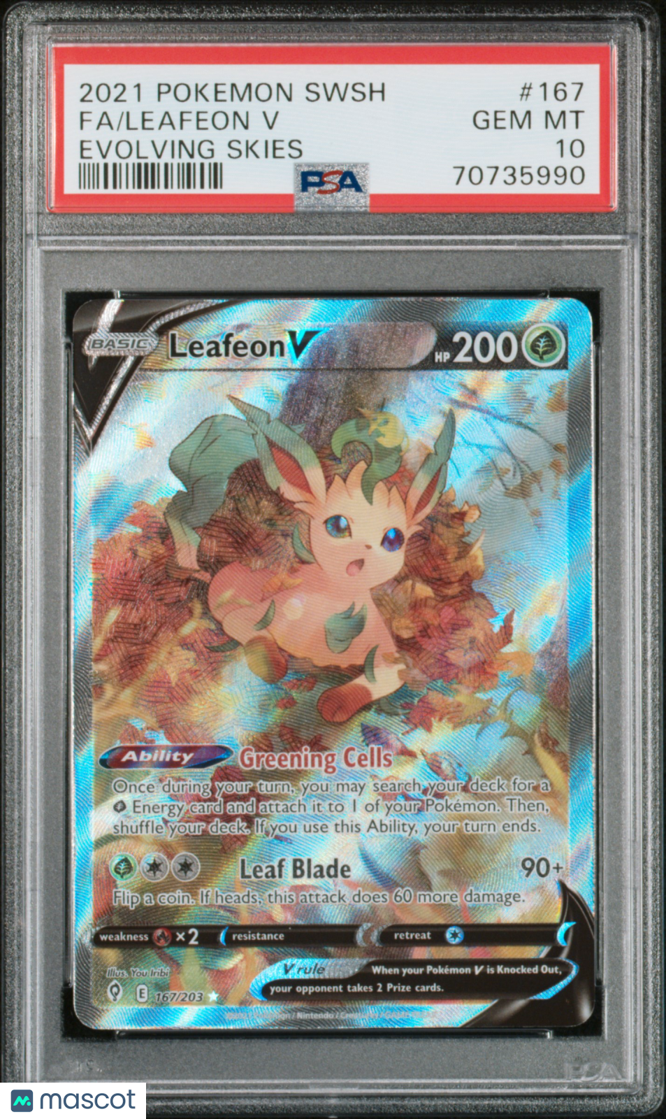 2021 Pokemon Sword & Shield Evolving Skies Leafeon V #167 Evolving Skies Fa PSA 10