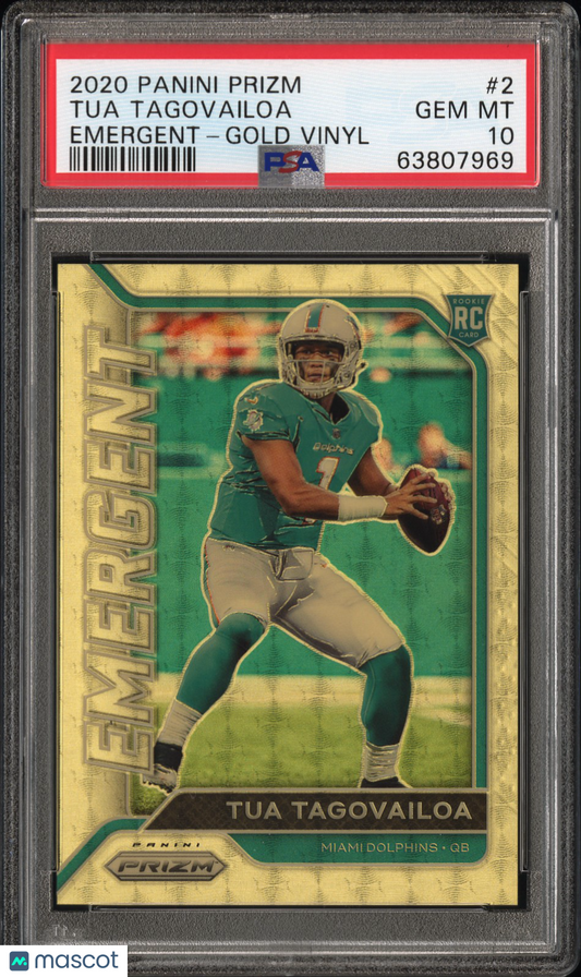 2020 Panini Prizm Emergent Tua Tagovailoa #2 Emergent Gold Vinyl PSA 10