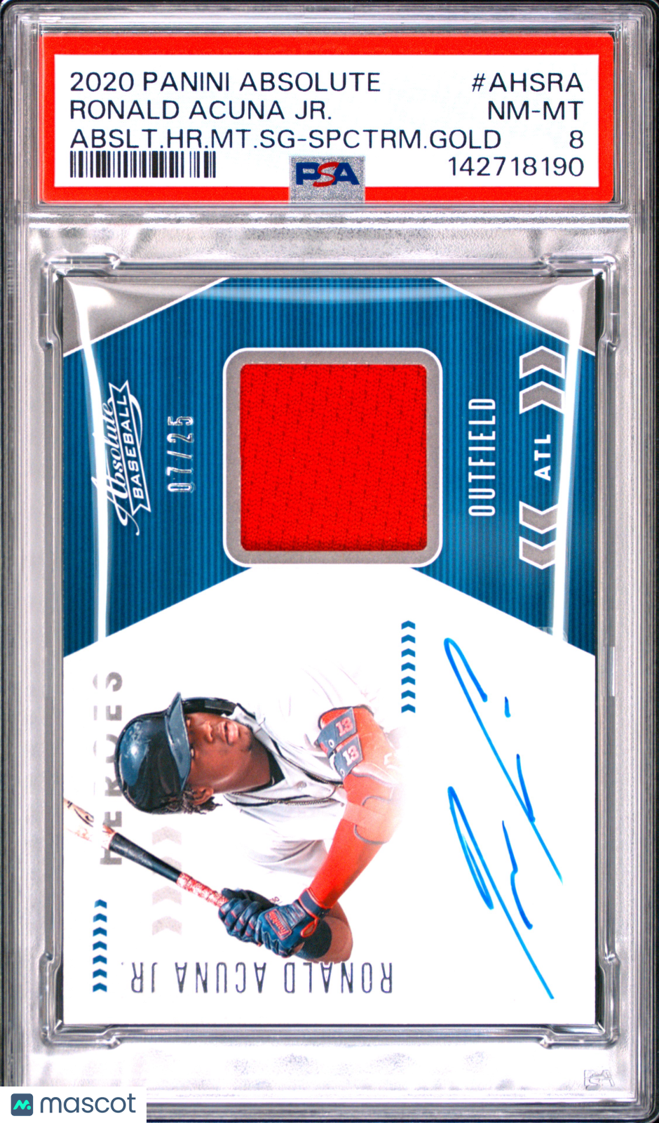 2020 Panini Absolute Absolute Heroes Material Signatures Ronald Acuna JR. #AHSRA Abslt. HR. MT. SG Spctrm. Gold PSA 8