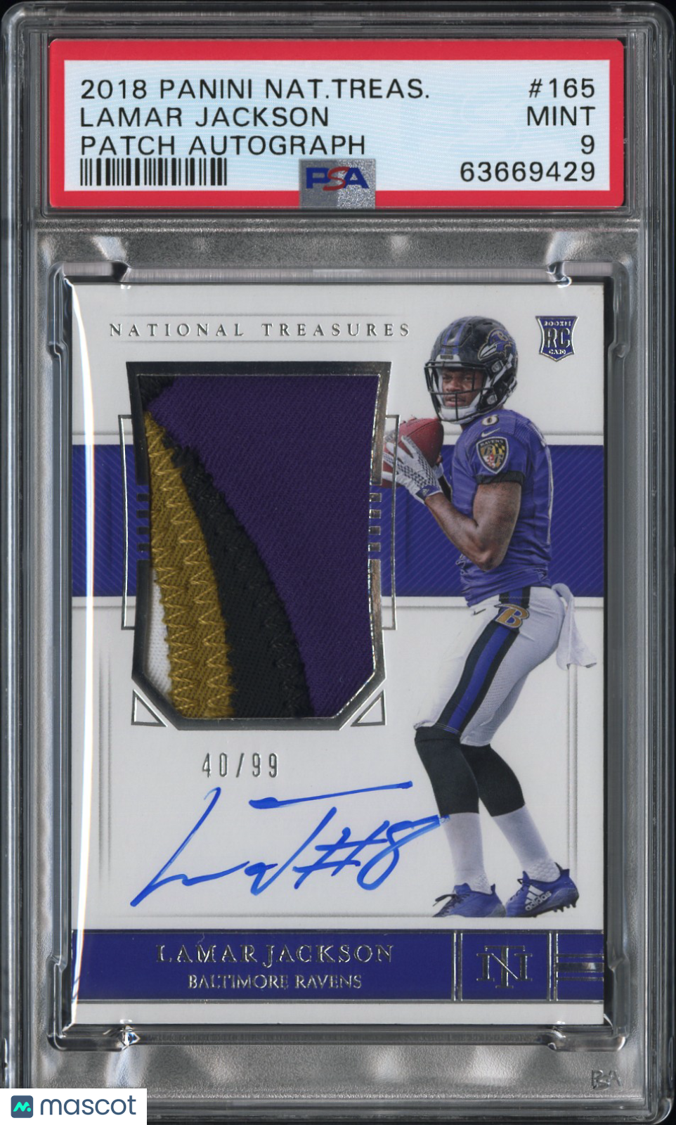 2018 National Treasures Lamar Jackson #165 Rookie Patch Auto RPA RC /99 PSA 9