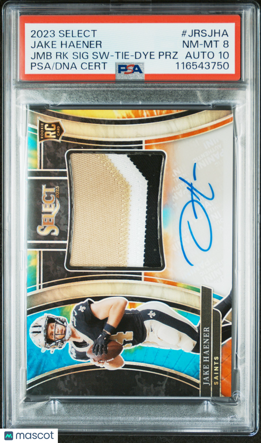 2023 Panini Select  Signature Swatches Jake Haener #JRSJHA Tie Dye PSA 8 Auto 10