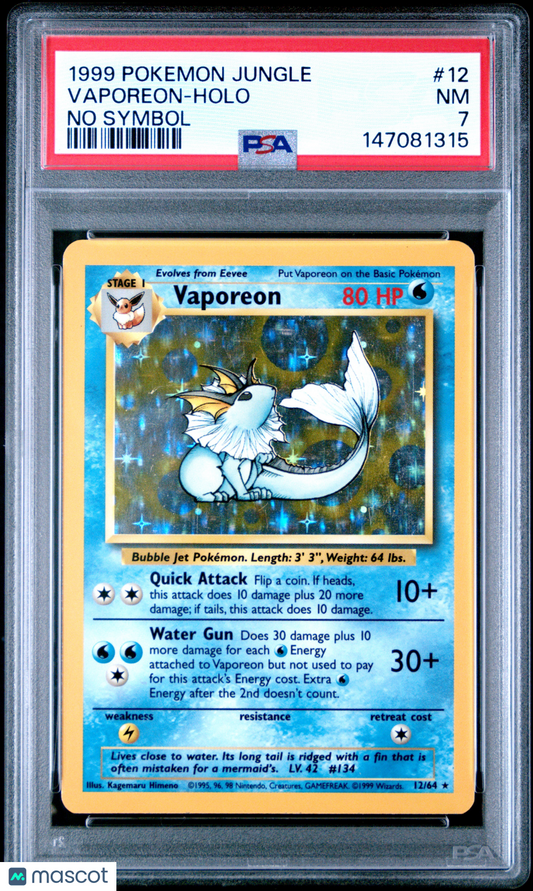 1999 Pokemon Jungle Vaporeon #12 No Symbol PSA 7