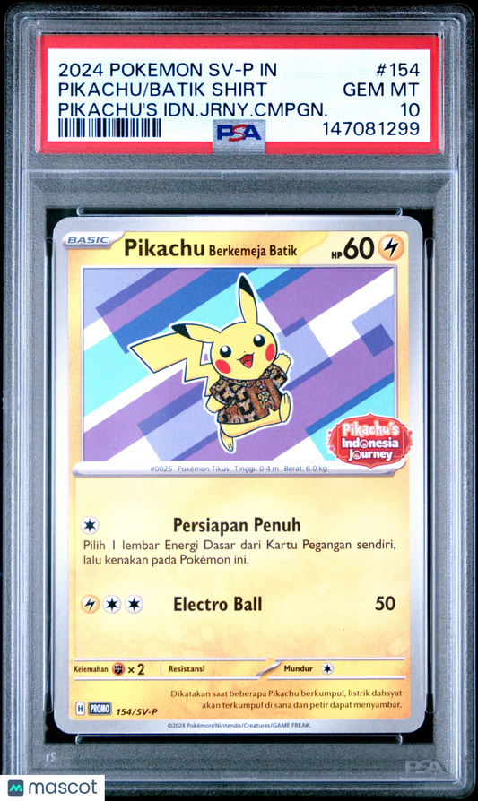 2024 Pokemon Indonesian SV-P Promo Pikachu Batik Shirt #154 Pikachu's Idn.Jrny.Cmpgn. PSA 10