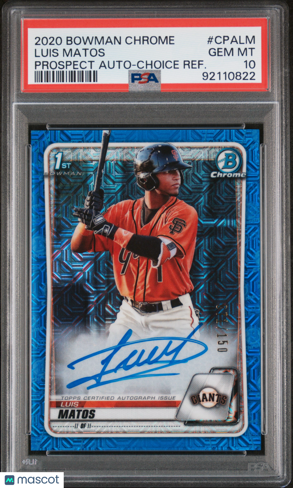 2020 Bowman Chrome Prospect Autographs Luis Matos #CPALM Choice Refractor /150 PSA 10