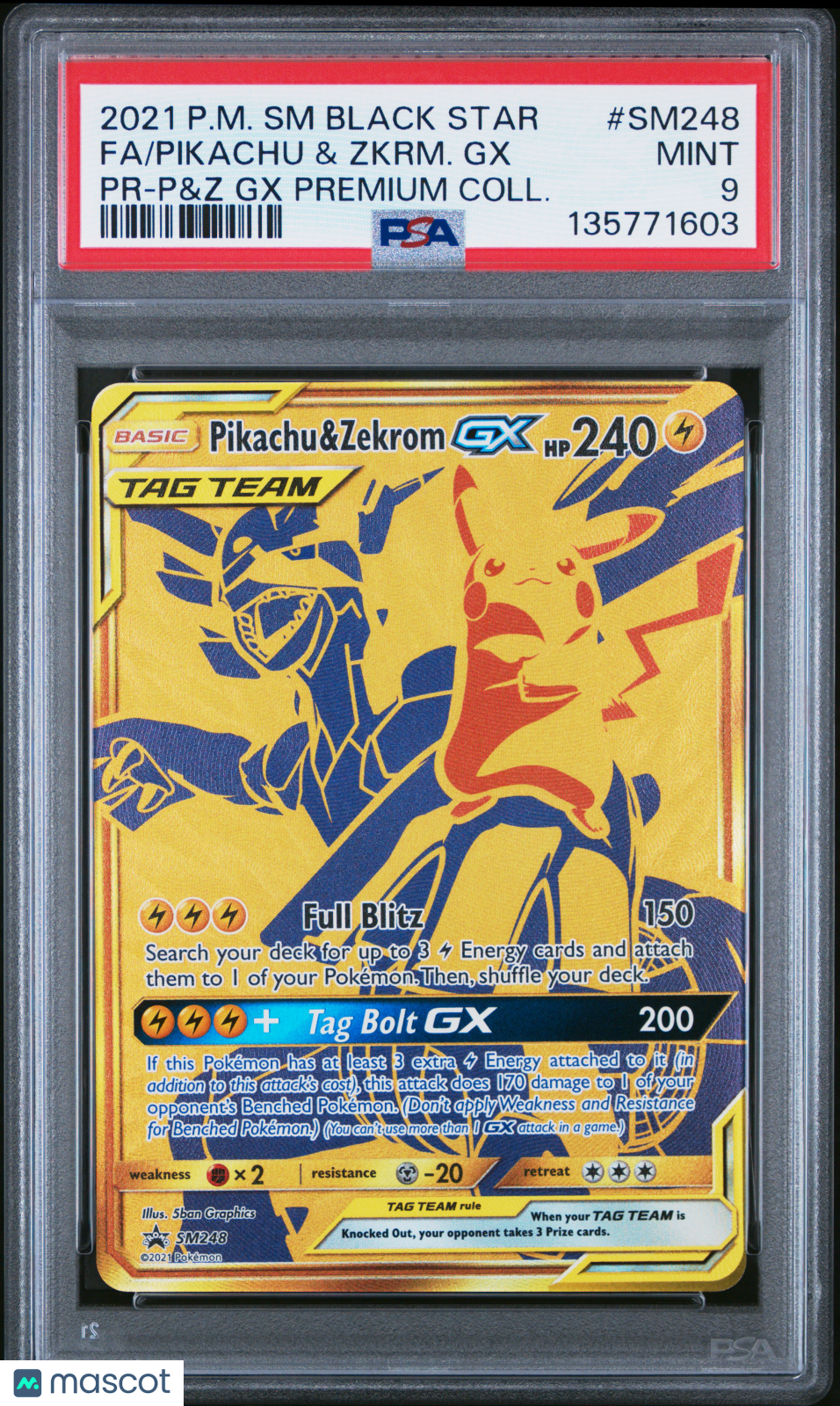 2021 Pokemon SM Black Star Promo Pikachu & Zkrm. GX #SM248 PR-P&Z GX Premium Coll. Fa PSA 9
