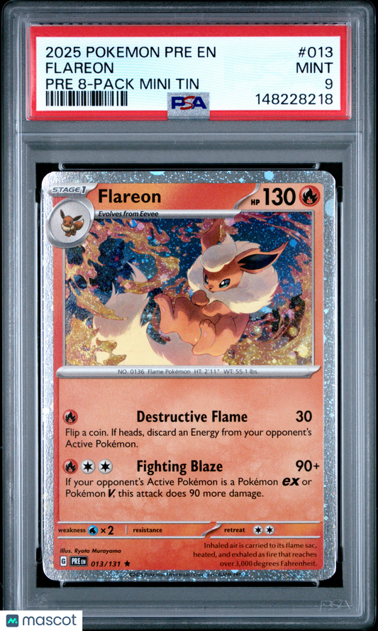 2025 Pokemon Pre EN-Prismatic Evolutions Flareon #013 Pre 8-Pack Mini Tin PSA 9