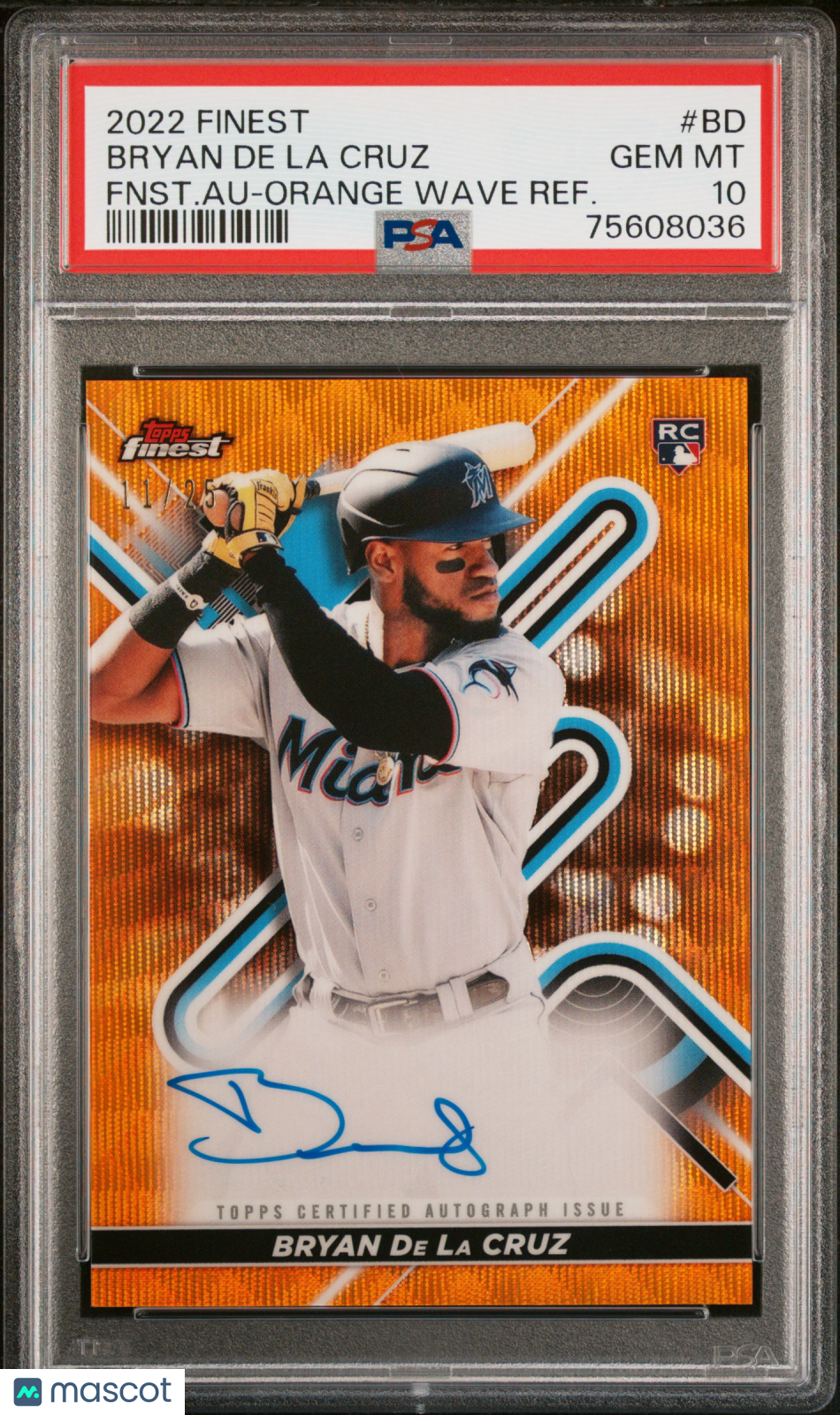 2022 Topps Finest Autographs Bryan De La Cruz #BD /25 Orange Wave PSA 10