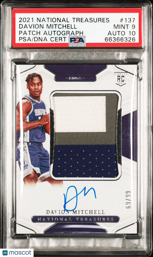2021 National Treasures Davion Mitchell #137 Patch Autograph /99 PSA 9 Auto 10