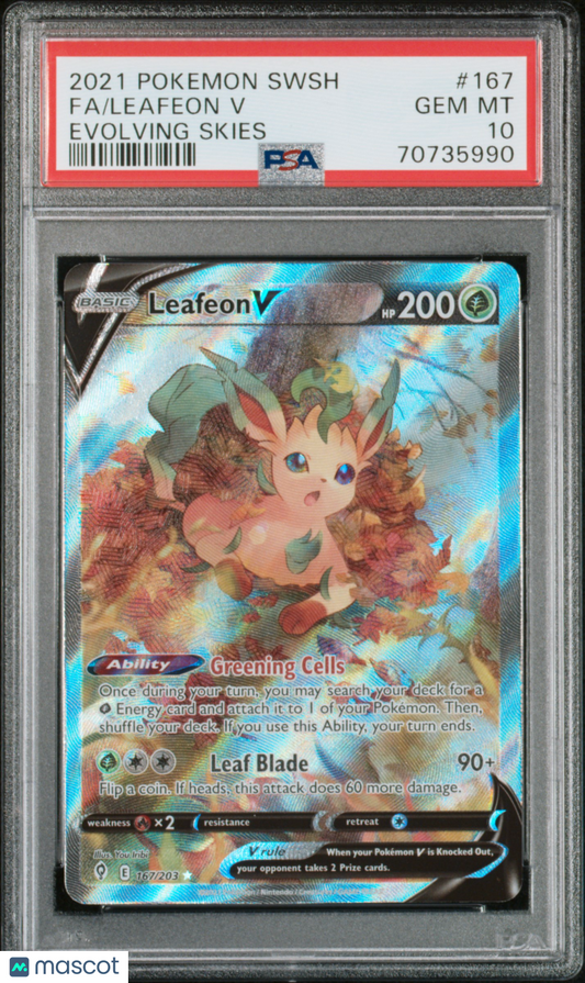 2021 Pokemon Sword & Shield Evolving Skies Leafeon V #167 Evolving Skies Fa PSA 10