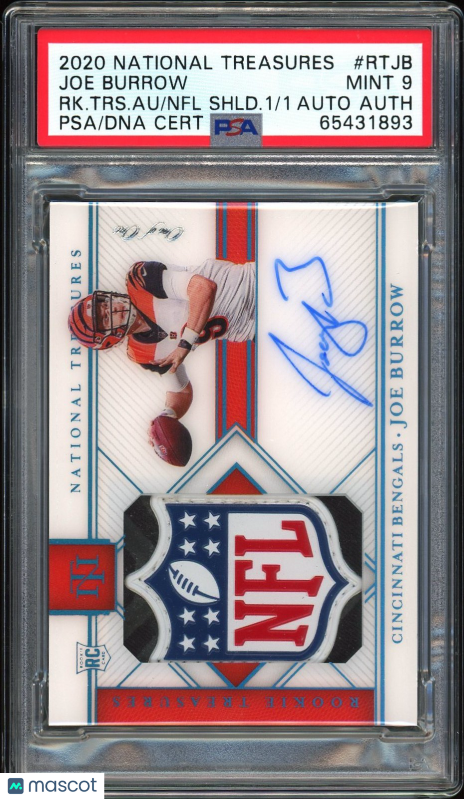 2020 National Treasures Joe Burrow Rookie Patch Auto NFL Shield 1/1 RPA RC PSA 9