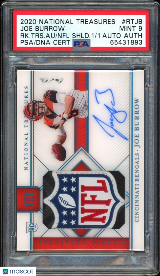 2020 National Treasures Joe Burrow Rookie Patch Auto NFL Shield 1/1 RPA RC PSA 9