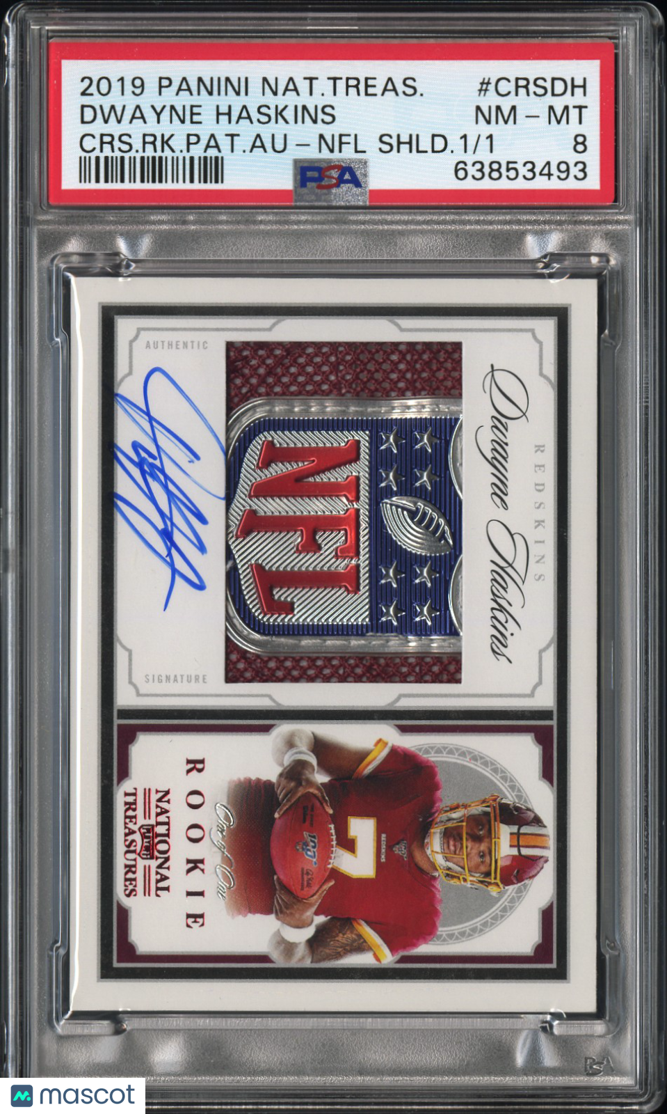 2019 National Treasures Dwayne Haskins Rookie Patch Auto NFL Shield 1/1 PSA 8