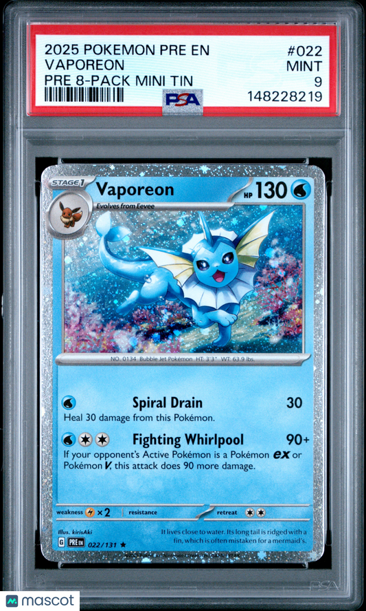 2025 Pokemon Pre EN-Prismatic Evolutions Vaporeon #022 Pre 8-Pack Mini Tin PSA 9