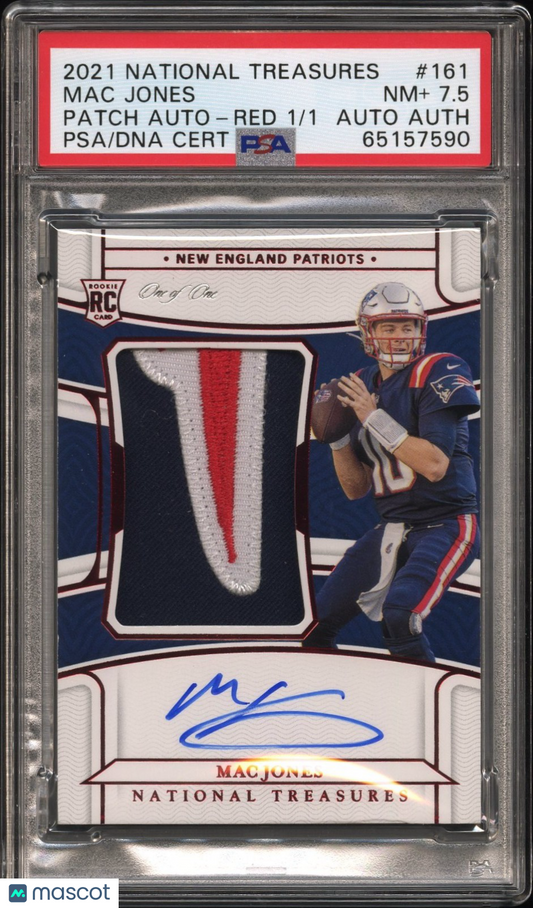 2021 Panini National Treasures Mac Jones #161 Patch Auto Red /1 PSA 7.5 Auto A