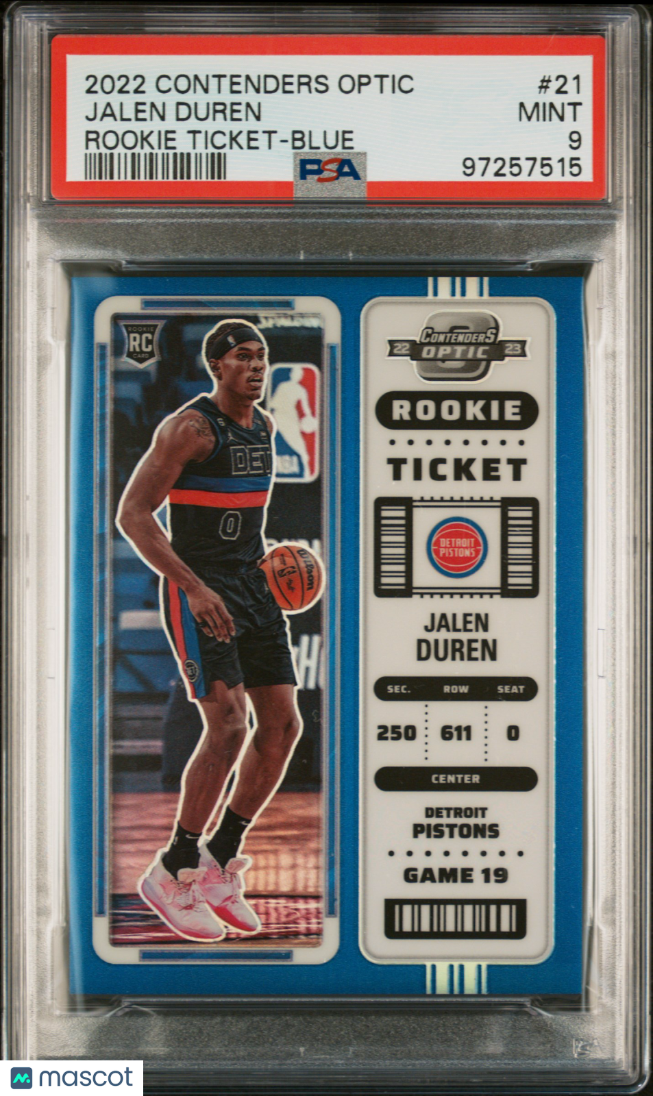 2022 Panini Contenders Optic Rookie Ticket Jalen Duren #21 Blue PSA 9
