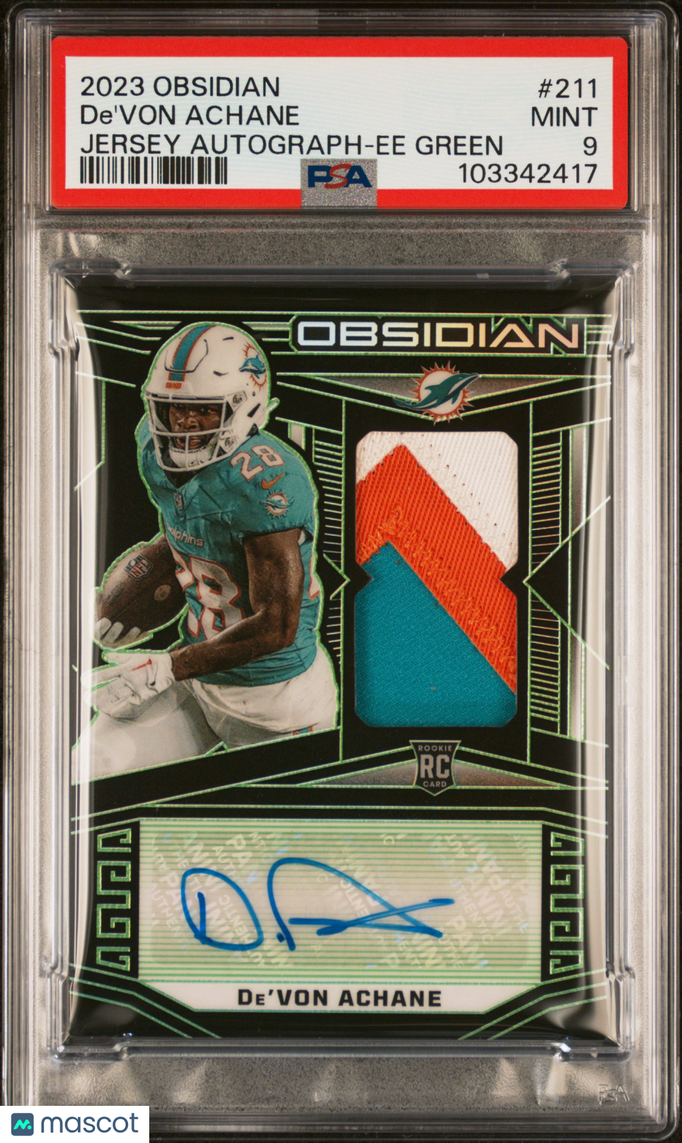 2023 Panini Obsidian De'von Achane #211 Jersey Autograph Ee Green /25 PSA 9