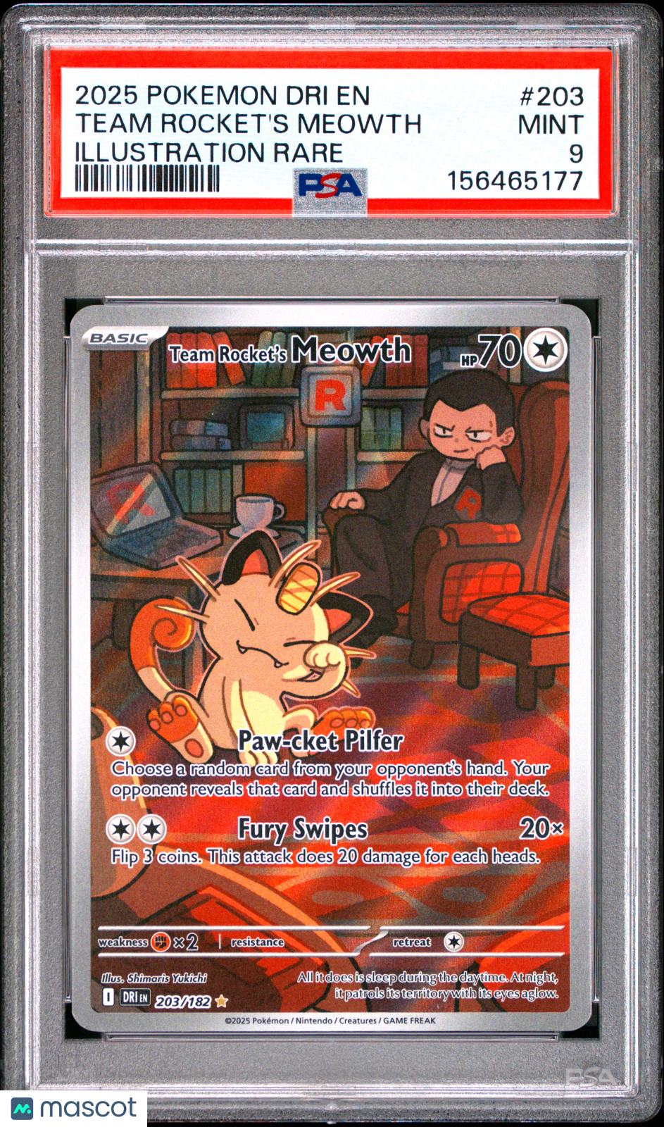 2025 Pokemon Dri EN-Destined Rivals Team Rocket's Meowth #203 PSA 9