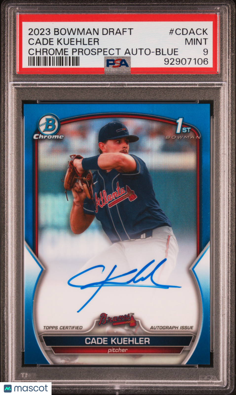 2023 Bowman Draft Chrome Prospect Autograph Cade Kuehler #CDACK Blue Ref 022/150 PSA 9