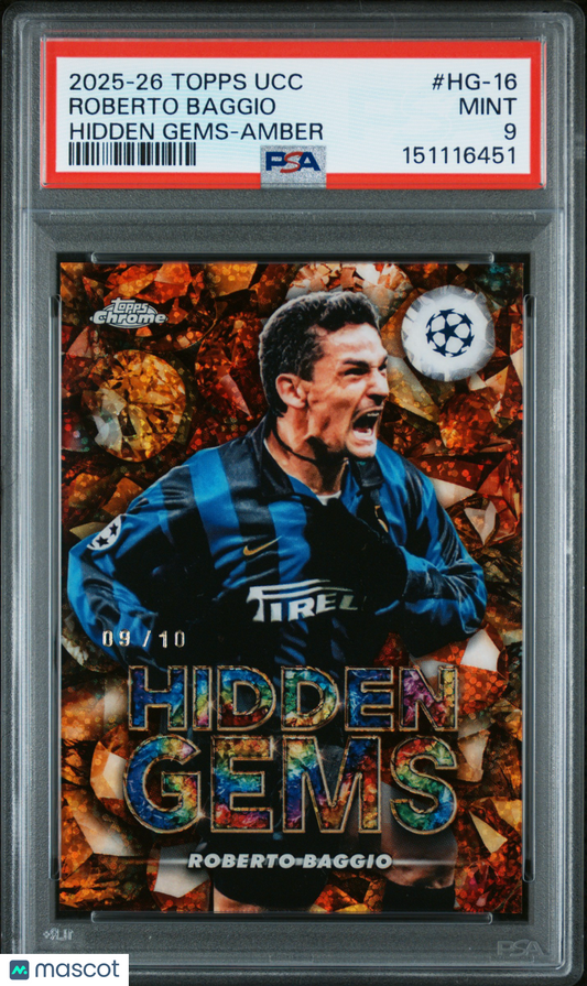 2025-2026 Topps UEFA Club Competitions Hidden Gems Roberto Baggio #HG-16 Amber PSA 9