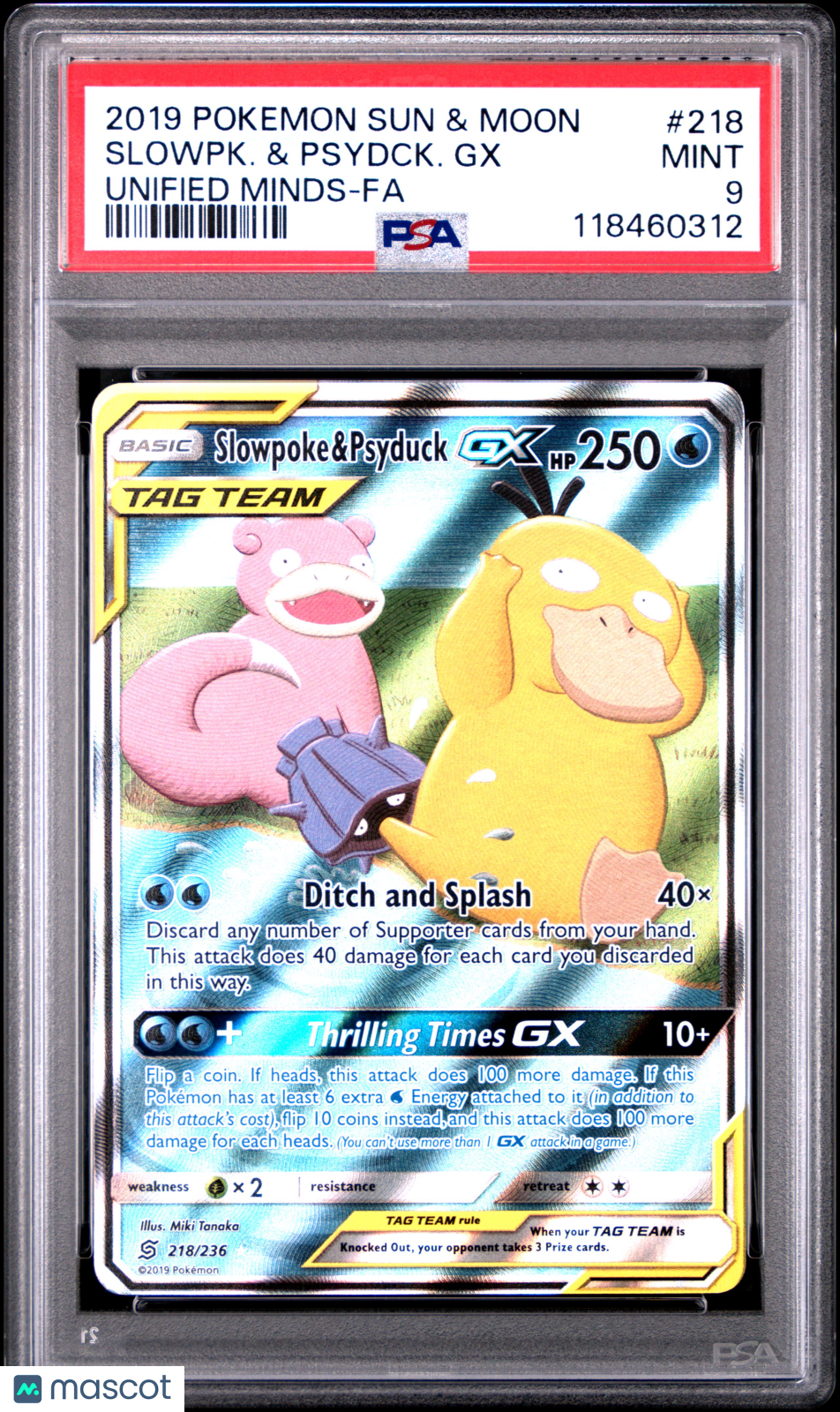 2019 Pokemon Sun & Moon Unified Minds Slowpk. & Psydck. GX #218 PSA 9