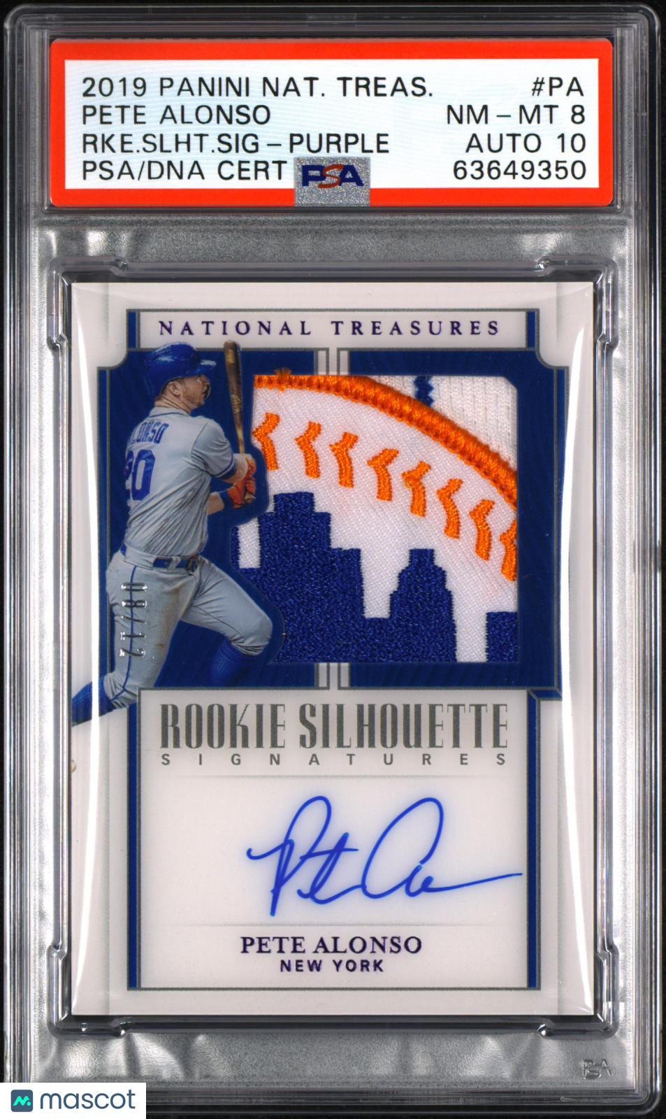 2019 National Treasures Pete Alonso #PA Rookie Silhouette Signatures /12 PSA 8