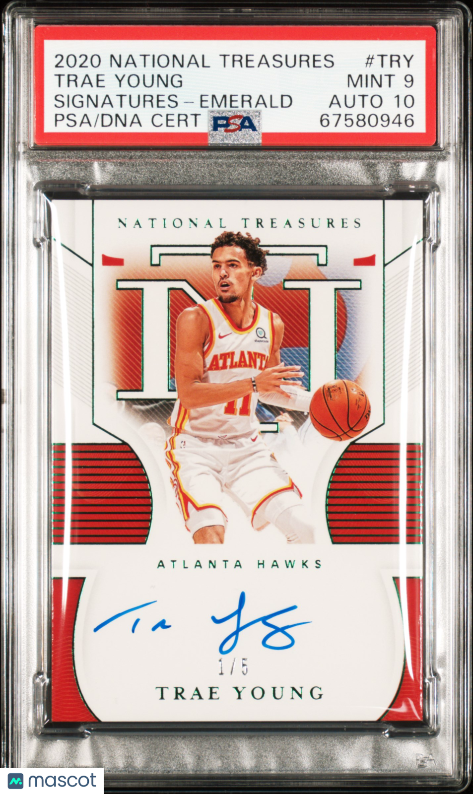 2020 National Treasures #TRY Trae Young Emerald Autograph Auto 1/5 PSA DNA 9