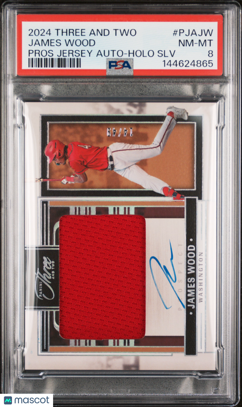 2024 Panini Three And Two Prospect Jersey Autographs James Wood #PJAJW Holo SLV /49 PSA 8