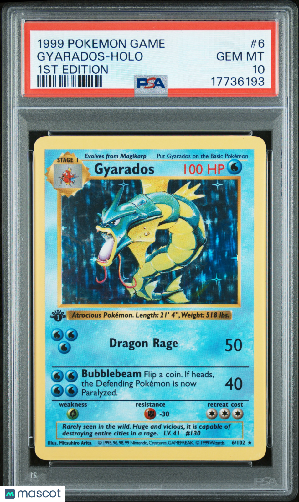 1999 Pokemon Game Gyarados #6 1st Edition PSA 10