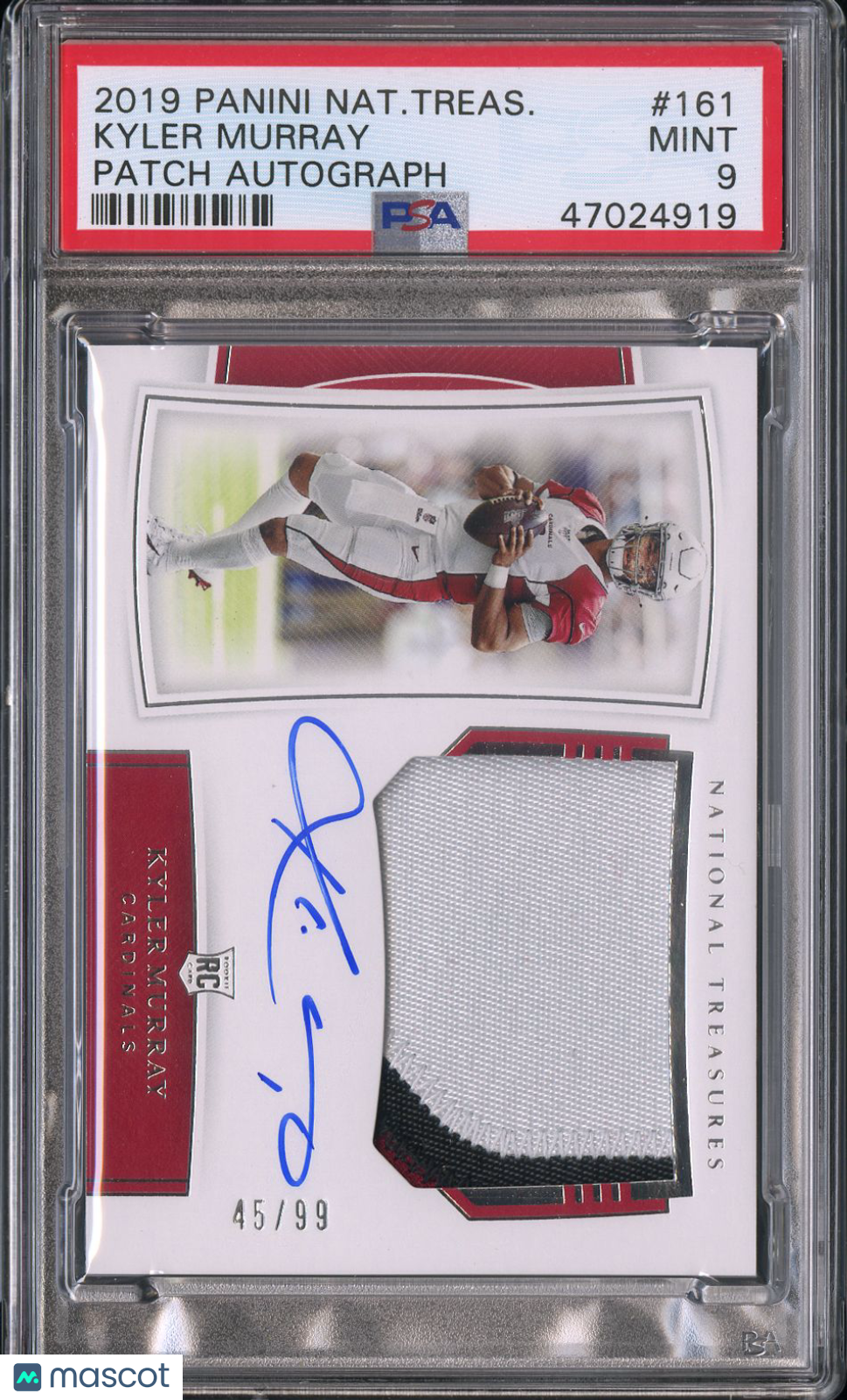 2019 Panini National Treasures Kyler Murray #161 Patch Autograph PSA 9