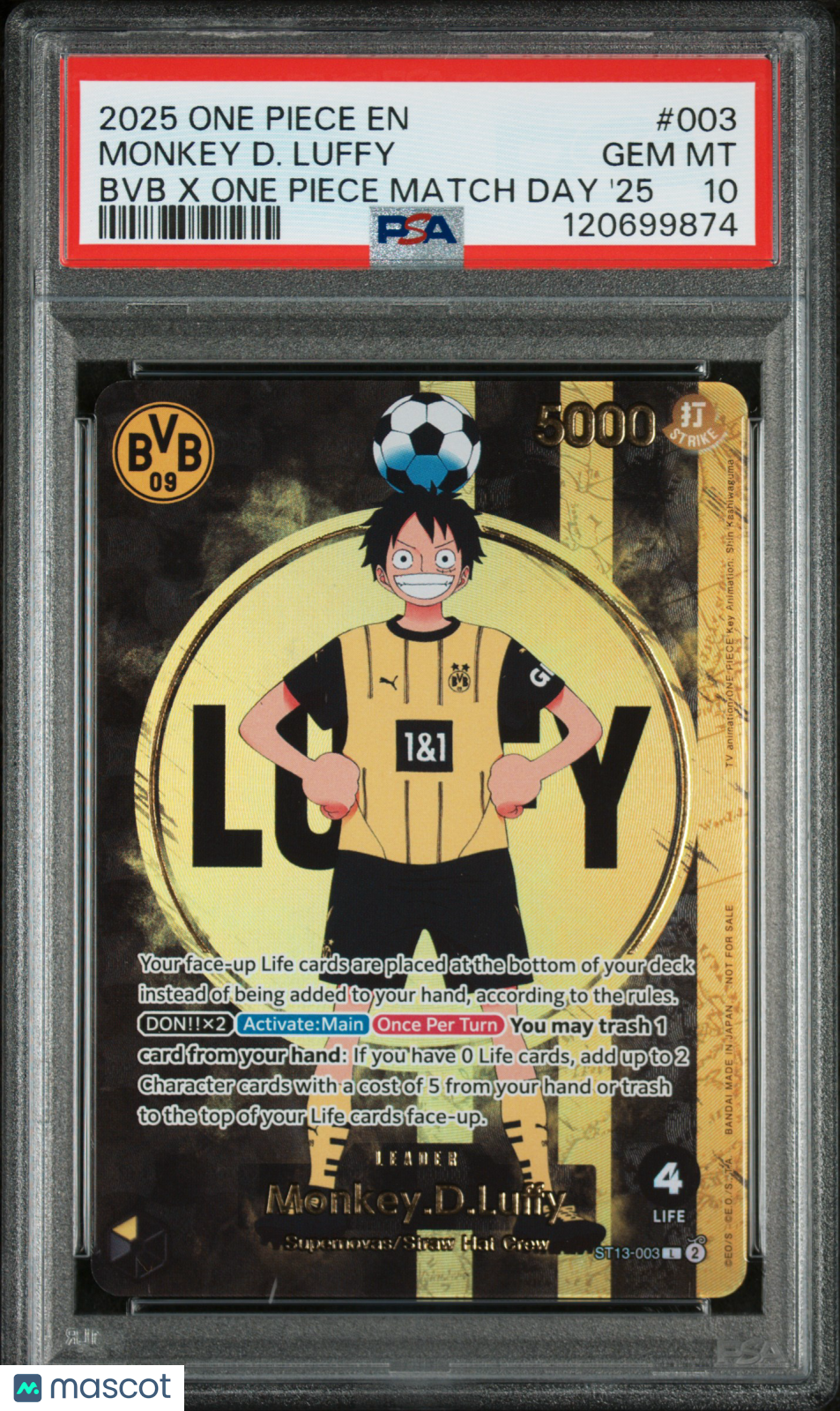 2025 One Piece Promos Monkey D. Luffy #003 BVB X One Piece Match Day '25 PSA 10