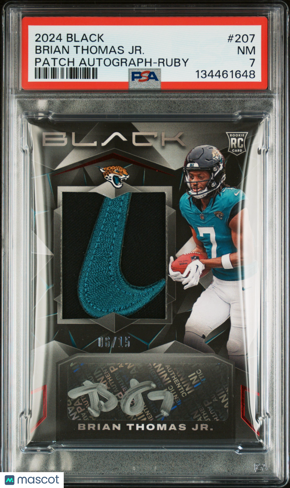 2024 Panini Black Brian Thomas JR. #207 Patch Autograph Ruby /15 PSA 7