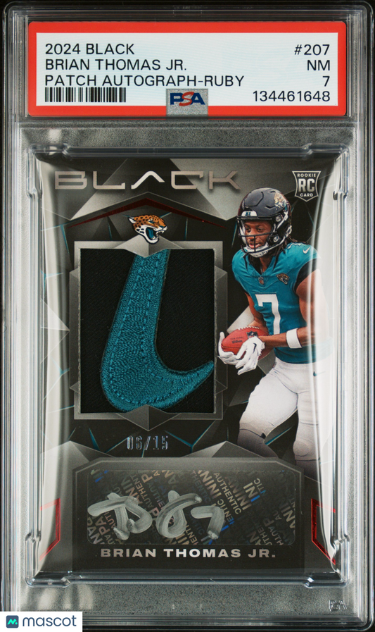 2024 Panini Black Brian Thomas JR. #207 Patch Autograph Ruby /15 PSA 7